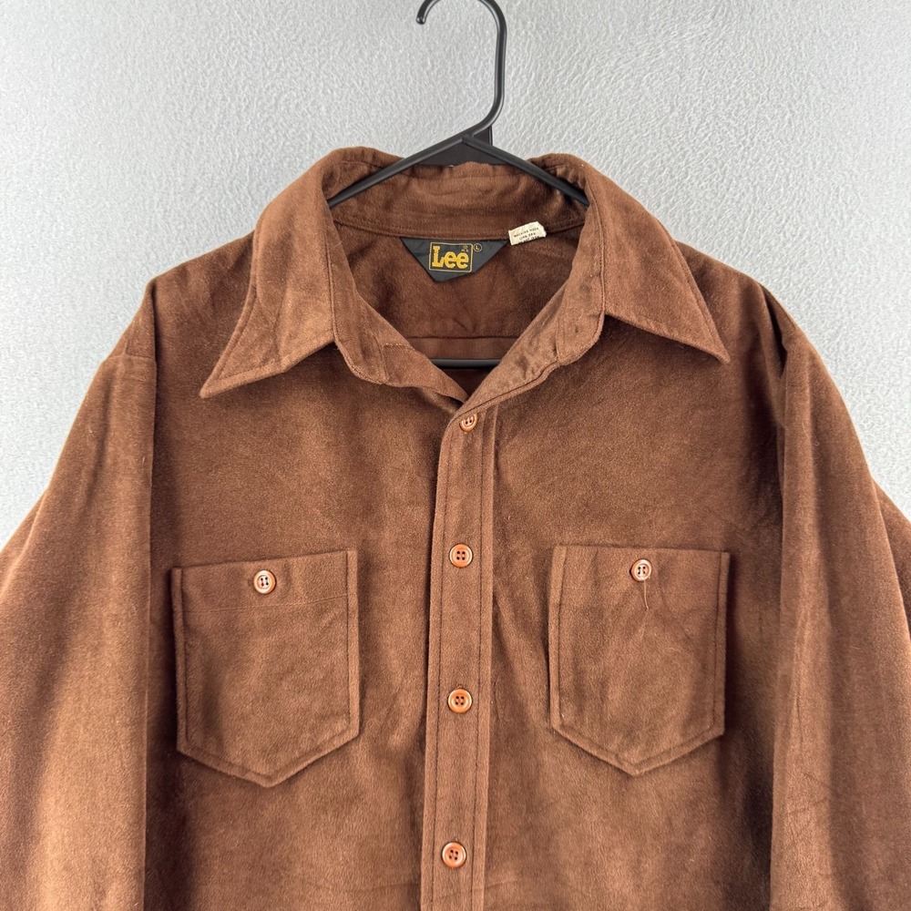 Vintage 70s Lee Shirt Mens Large Brown Velvet Western Button Up Long Sleeve - Picture 2 of 16
